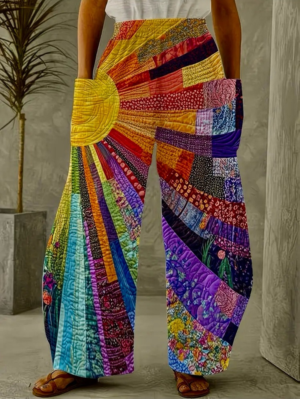 Bohemian Sunrise Patchwork Print Wide-Leg Pants - Multicolor